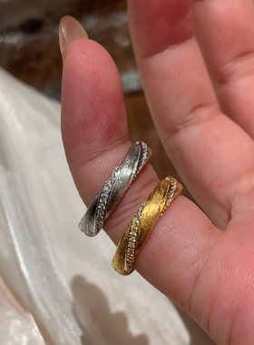 小众高级感拉丝麻花锆石戒指女复古轻奢时尚个性精致百搭指环戒子
