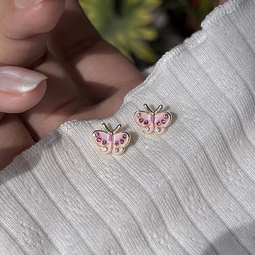 甜美粉色滴油蝴蝶耳钉女温柔可爱精致时尚个性优雅百搭耳环耳饰