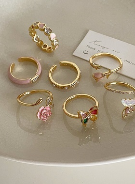 法式复古滴油花朵锆石蝴蝶金属开口戒指女设计感小众个性百搭指环