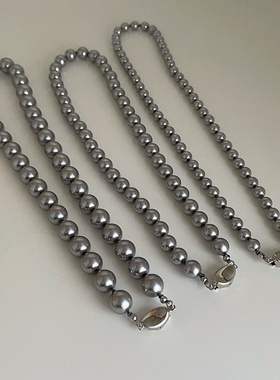 感灰色珍珠元宝扣项链女韩国小众复古个性简约时尚颈链锁骨链