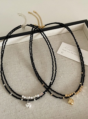 黑色水晶金属爱心项链女小众设计复古个性简约百搭气质颈链锁骨链