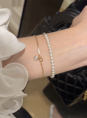 极简风珍珠锆石蛇骨链手链女复古个性简约百搭日常气质时尚手饰