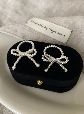 碎银子珍珠蝴蝶结弹力戒指女小众设计感精致个性时尚百搭指环戒子