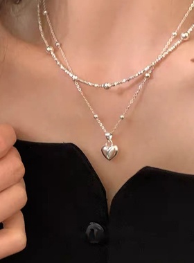 双层碎银子爱心金属项链女韩国小众复古个性简约百搭颈链锁骨链