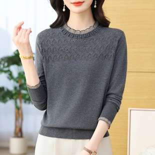 时髦设计感羊毛针织衫女圆领菱形图案薄款打底衫内搭上衣2026新款