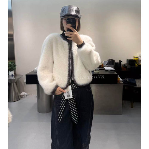 环保皮草圆领短款外套