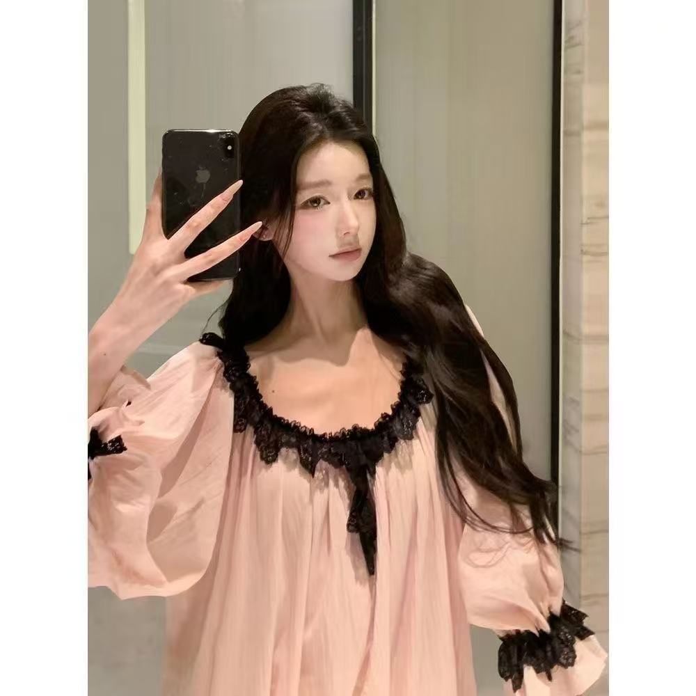 爆款法式甜美蕾丝长袖睡裙女春秋睡裙