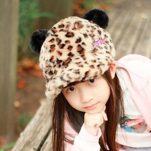秋冬儿童帽子潮豹纹鸭舌帽男女童毛绒棒球帽内里加绒保暖女孩帽子