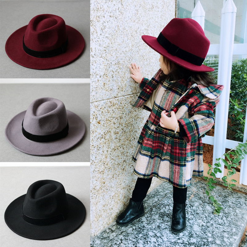 儿童帽子女童秋冬款黑色平檐羊毛呢爵士帽男童公主帽子礼帽渔夫帽