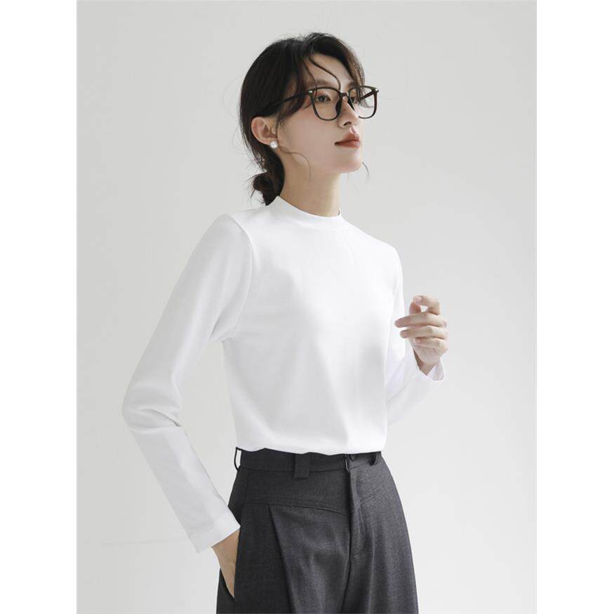 极简纯棉小立领t恤女正肩长袖通勤宽松显瘦半高领打底衫叠穿上衣