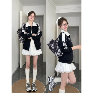 韩系黑色开衫卫衣外套女2026新款春季设计感小众薄款翻领夹克上衣