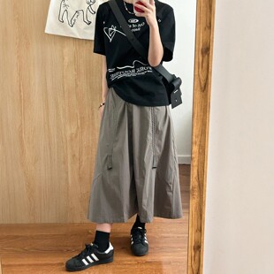 胖mm高腰遮胯显瘦中长版 灰绿色工装 大尺码 薄款 a字裙 半身裙女夏季