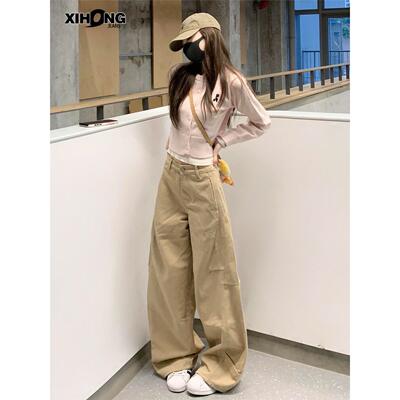 美式覆古卡其色阔腿牛仔