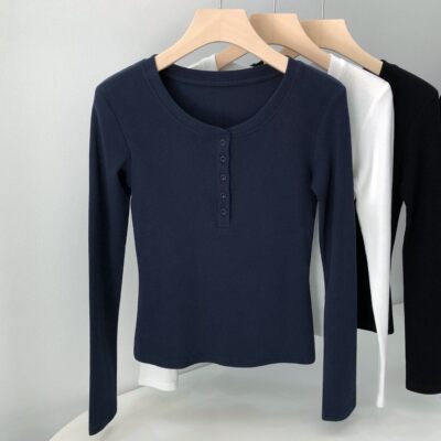 纯棉纽扣圆领针织长袖T恤