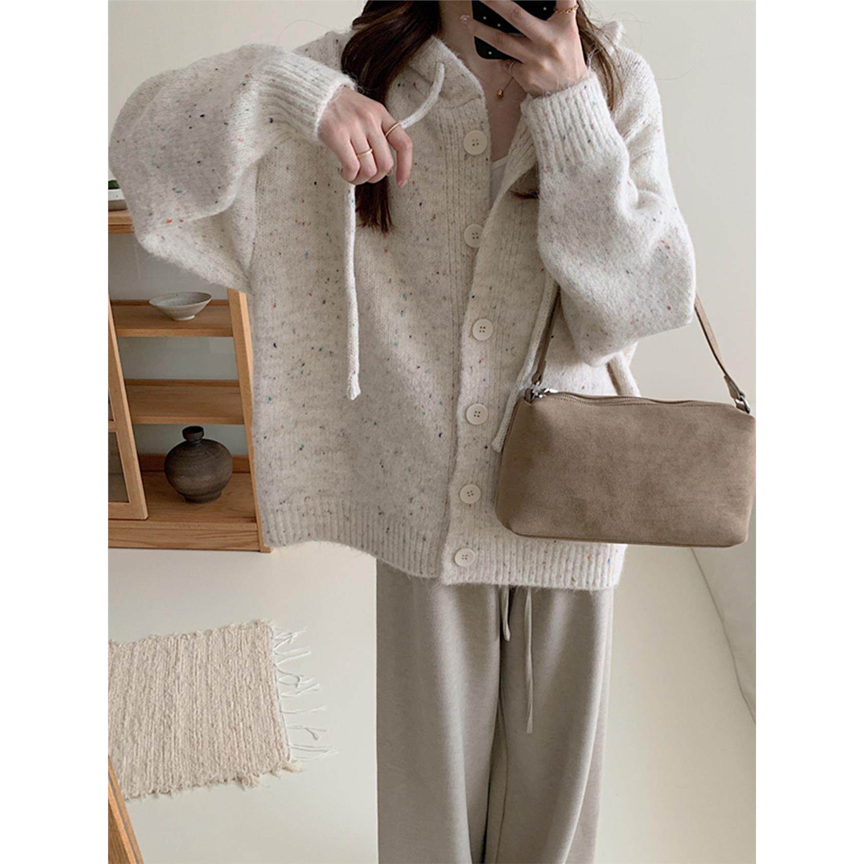 米色连帽毛衣开衫外套女秋冬季加厚宽松慵懒风带帽针织衫卫衣上衣