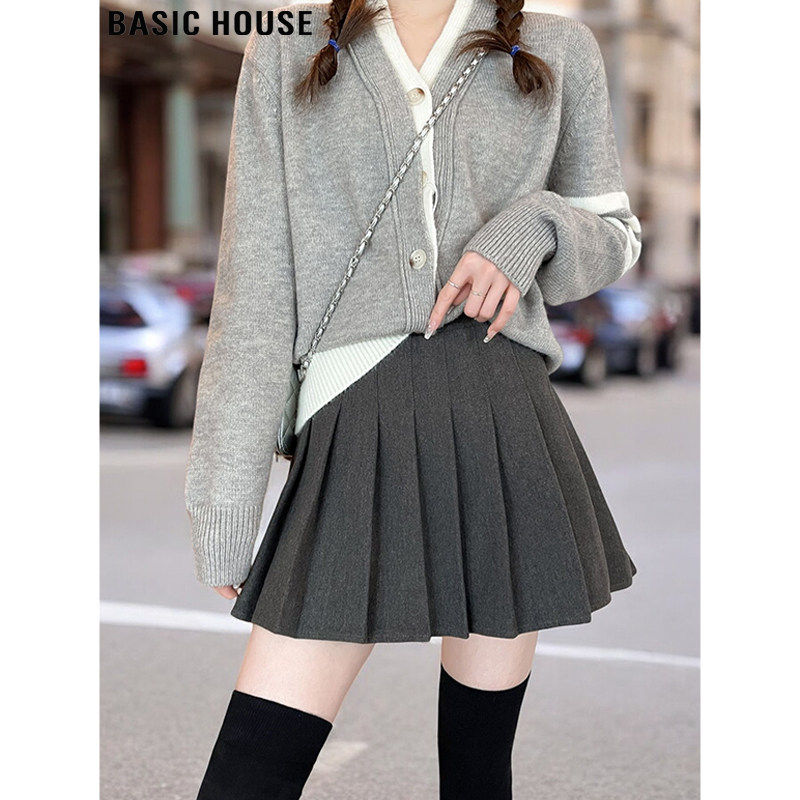 Basic House/百家好灰色百褶西装短裙女春季日系jk打底毛呢半身裙