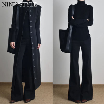 四面弹黑色加绒微喇牛仔