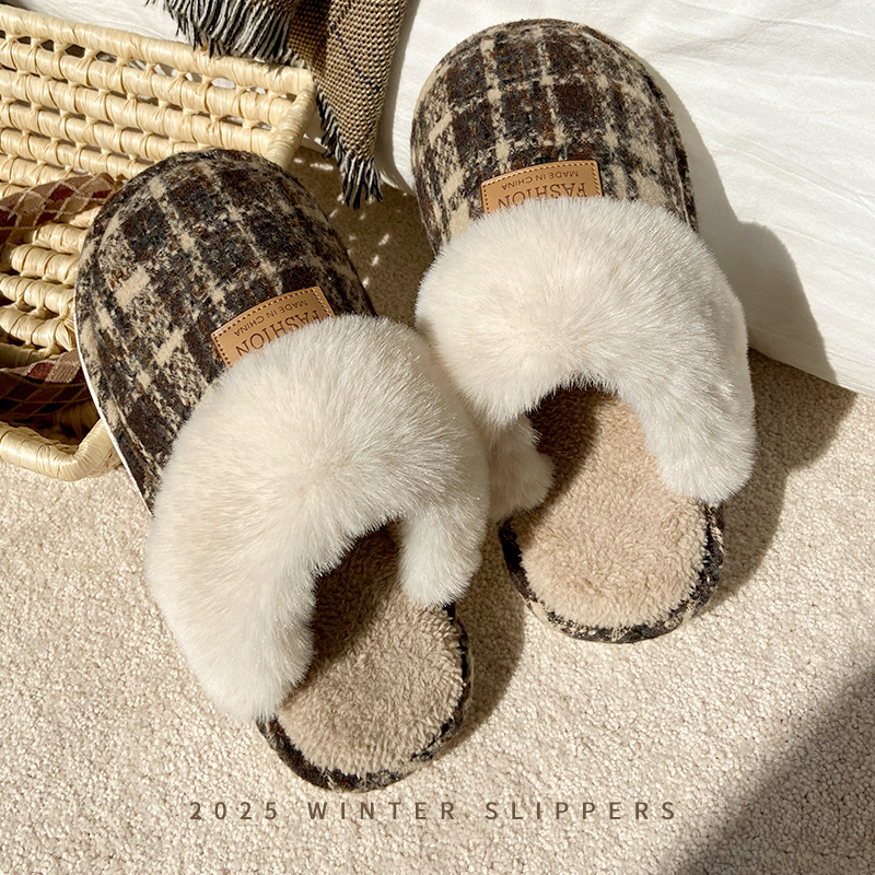 复古格子棉拖鞋女冬季室内情侣居