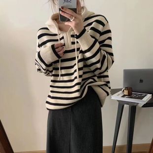 奥特莱斯清仓捡漏秋冬新品 女韩系宽松百搭 连帽条纹套头长袖 针织衫