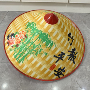 夏天遮阳隔热防雨帽竹报平安图案防雨布塑料斗笠户外钓鱼遮雨帽子