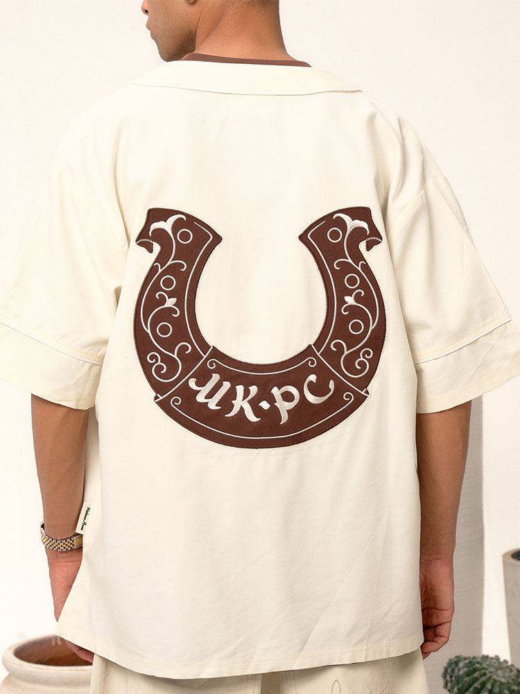 UKPC 여름 패치 자수 야구 칼라 반팔 카디건 레트로 티셔츠 아메리칸 트렌디 하이 스트리트 루즈 커플 반팔