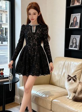 2025秋冬装新款女装法式镶钻镂空收腰黑色连衣裙A字宴会礼服45404