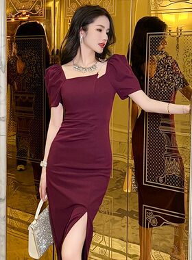 2026夏季新款女装时尚设计感镂空修身开叉方领通勤连衣裙黑30493