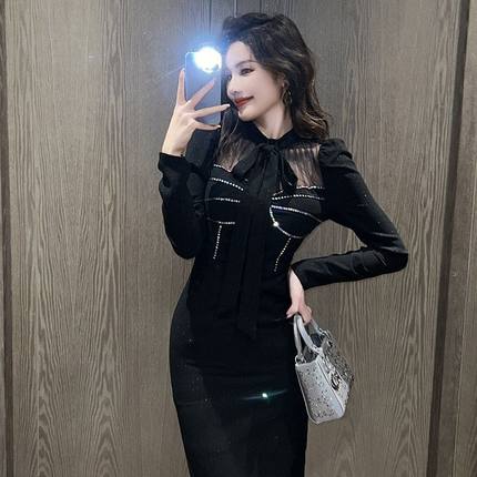 日常可穿礼服裙2025秋装新款法式减龄蝴蝶结收腰包臀连衣裙10188