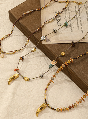 荒野号角 复古虎眼石串珠项链女波西米亚风秋冬毛衣链轻奢感