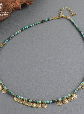 欧美跨境复古绿色非洲松石锁骨链小众设计感圆片女士项链