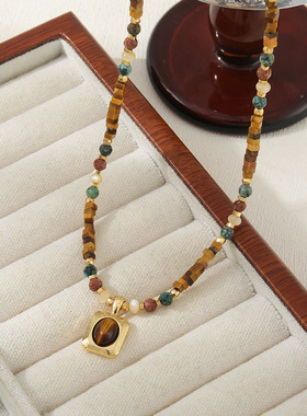 中古方糖虎眼石吊坠手工串珠非洲松项链美拉德原创复古毛衣链新款