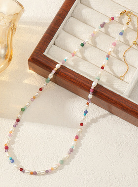 韩系新品ins风淡水珍珠百搭项链小清新甜美彩色石串珠锁骨