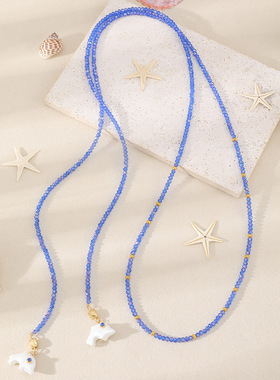 小众清新蓝色水晶陶瓷海豚项链跨境波西米亚多层叠戴长款颈链