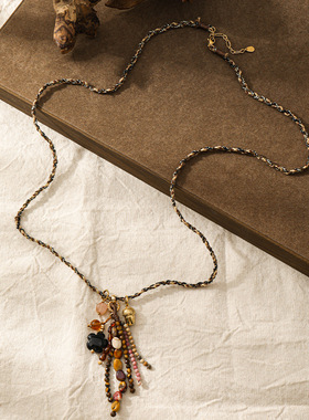 复古手工编织绳小众设计天然石流苏长款毛衣链花朵项链感女