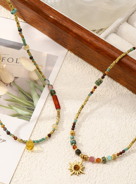 原创设计太阳吊坠捷克珠串珠项链小众复古蛋黄石手工颈链叠戴