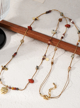 文艺复古不规则斑点石编织长款毛衣链原创设计小众个性图画石