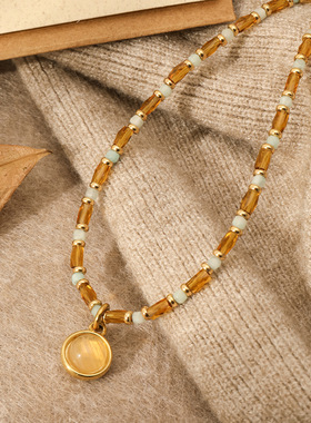 秋冬焦糖吊坠串珠感精致项链轻奢水晶两戴可拆显贵气质锁骨链