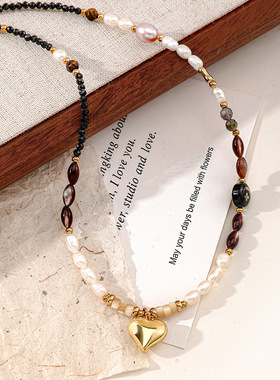 欧美小众设计黑尖晶手工串珠项链感淡水珍珠复古拼色锁骨链