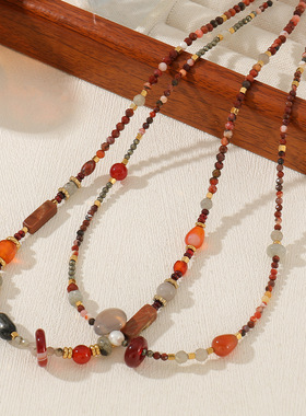 新款安可拉红玛瑙串珠项链天然捷克珠石秋冬配色高级感毛衣链