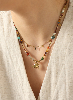 新中式彩色天然石钛钢小象手工串珠项链复古民族风小众设计锁骨