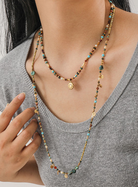 秋季新品复古蓝松石项链民族风天然石串珠轻奢感毛衣链颈链