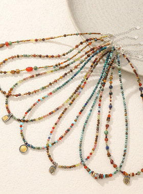 定制复古民族风撞色天然石串珠项链小众个性925银几何吊坠锁骨链