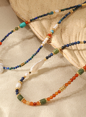 敦煌风天然青金石串珠项链 异形淡水珍珠锁骨链异域风情饰品女款