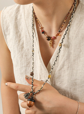 原创设计松果吊坠手工编织毛衣链小众复古天然石串珠项链秋冬