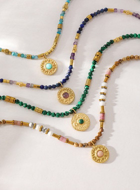 GARY工作室欧美复古彩色孔雀石串珠锁骨链时尚个性潮流圆形钛钢吊