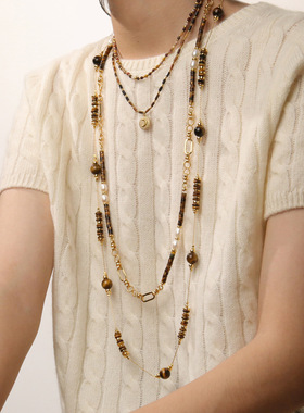 美拉德天然虎眼石手工串珠项链高级感轻奢复古跨境爆款毛衣链饰品