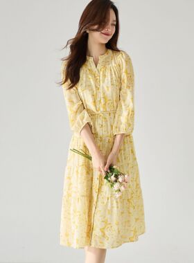 清仓新法式温柔风黄色茶歇碎花长裙度假风收腰显瘦连衣裙15560