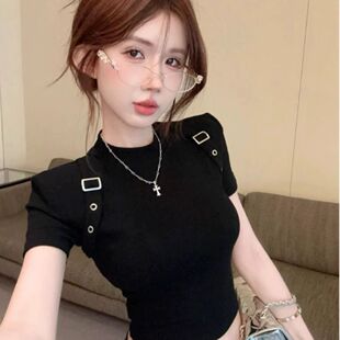 上衣高级感独特半袖 美式 纯欲甜辣妹短款 t恤女夏季 小高领垫肩短袖