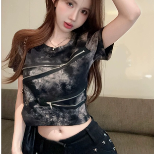 小个子上衣半袖 拉链扎染垫肩短袖 甜辣妹卡腰短款 美式 t恤女夏季