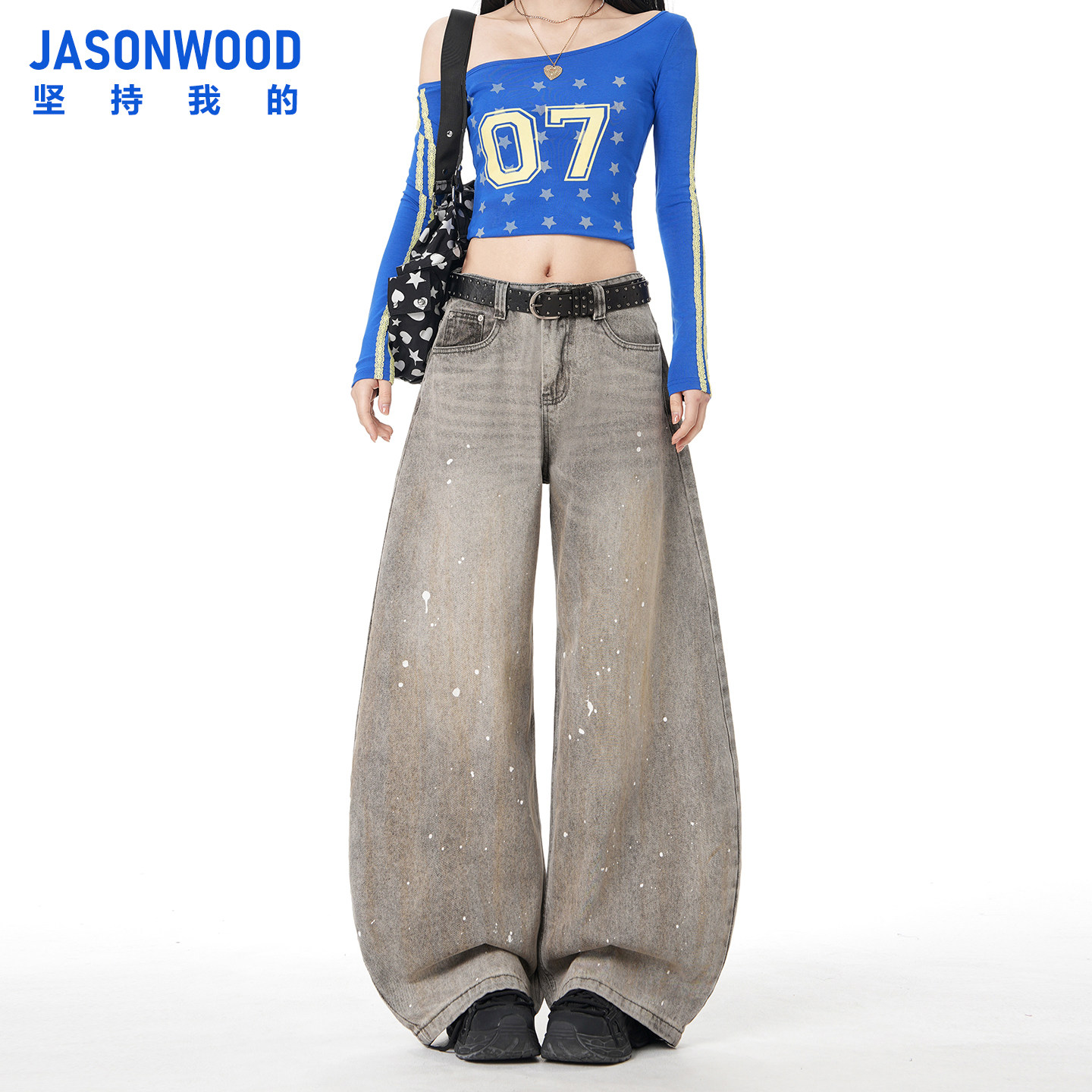 Jasonwood 美式复古做旧泼墨弯刀牛仔裤女2026新款宽松显瘦阔腿裤